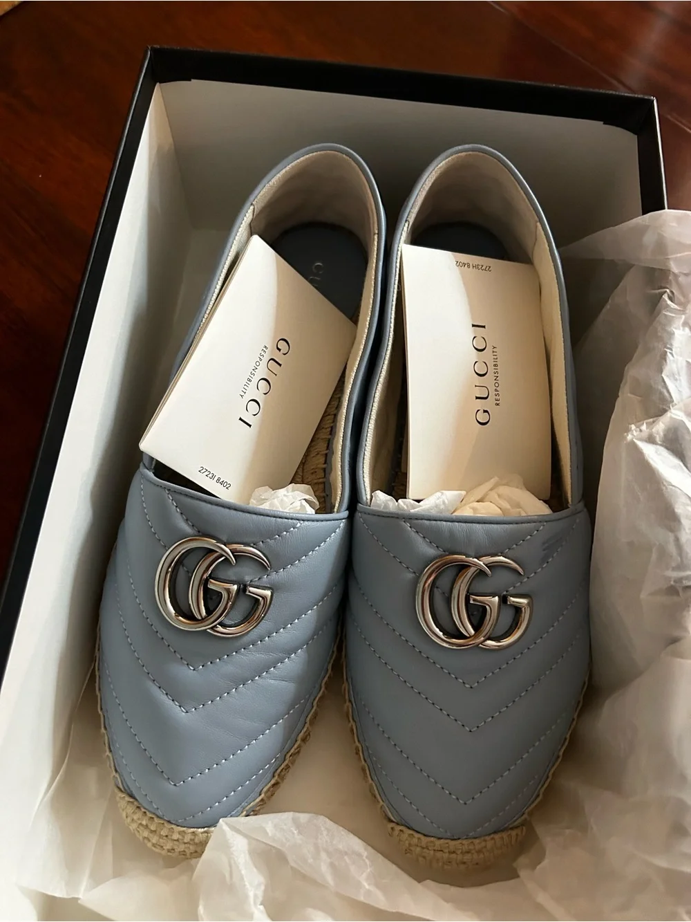 Gucci Women's Light Blue Quilted Leather Espadrille Slip-Ons EU 39.5